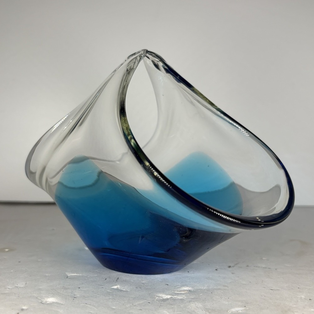 Blue to Clear Blown Glass Folded Kerchief‎ Bowl Dish Basket